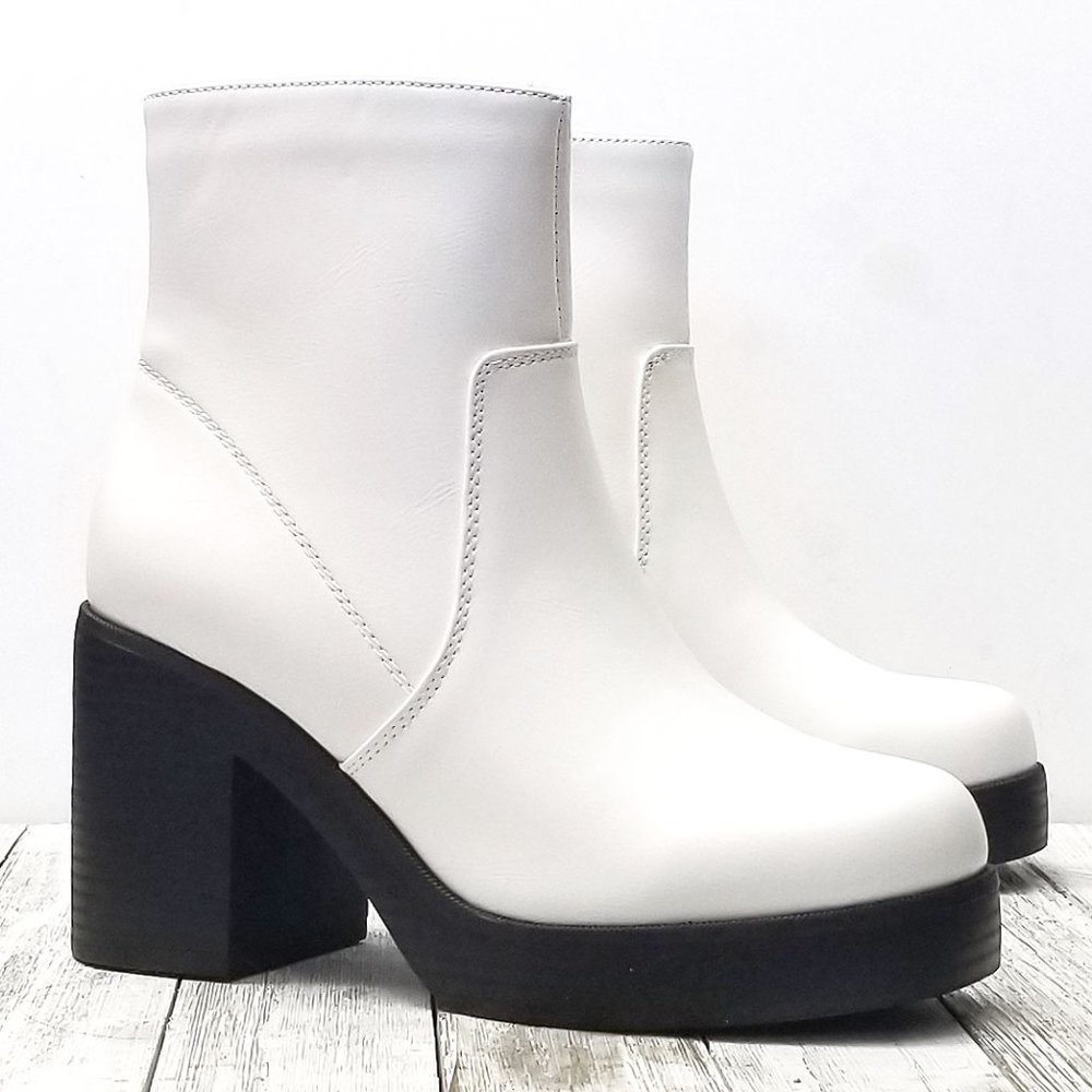 New White Chunky Heel Platform Ankle Boots
